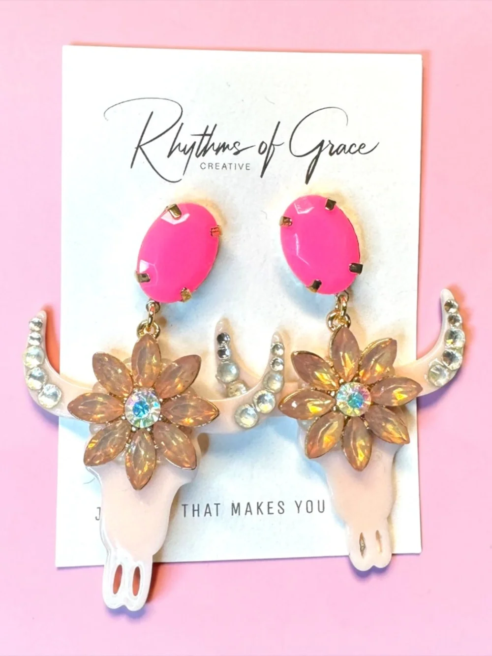 Western Cow Skull Rhinestone Floral Statement Earrings Pink NWT